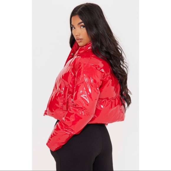 Red Vinyl Cropped Puffer Jacket - Picture 2 of 4